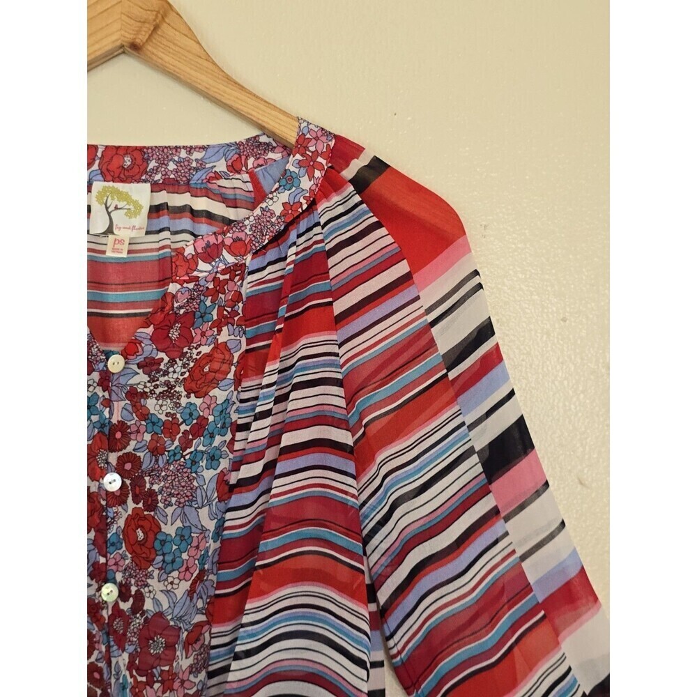 Fig & Flower Blouse Womens PS Boho Floral Stripe Tie Front 3/4 Sleeve - Picture 3 of 12